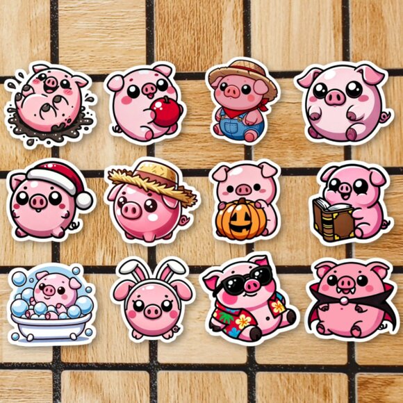 Cute Kawaii Pig Sticker Pack of 12 Vinyl Stickers Waterproof Pigs Sticker Set - Picture 1 of 4